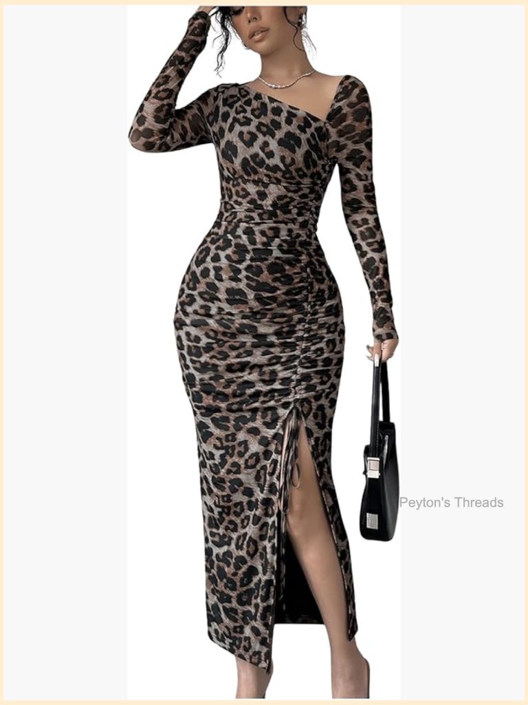 Women's Leopard Print Long Sleeve Bodycon Dress With Slit Ruched Asymmetrical